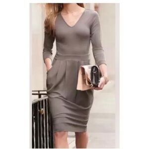 Pure Collection Taupe Pleated Sheath Long Sleeve Dress Pockets Size 6